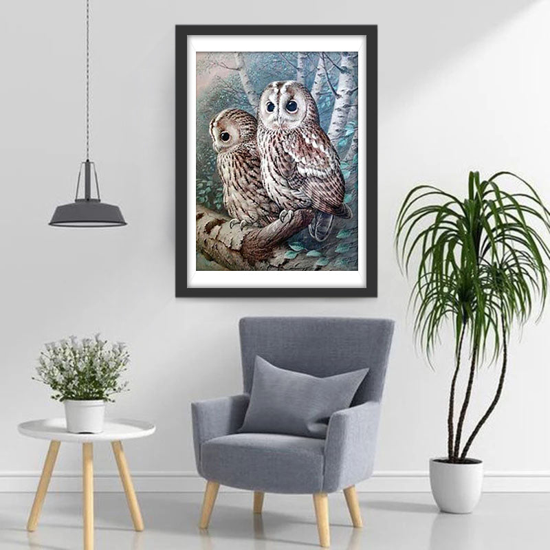 Deux Mignons Hiboux Debout sur la Branche Broderie Diamant