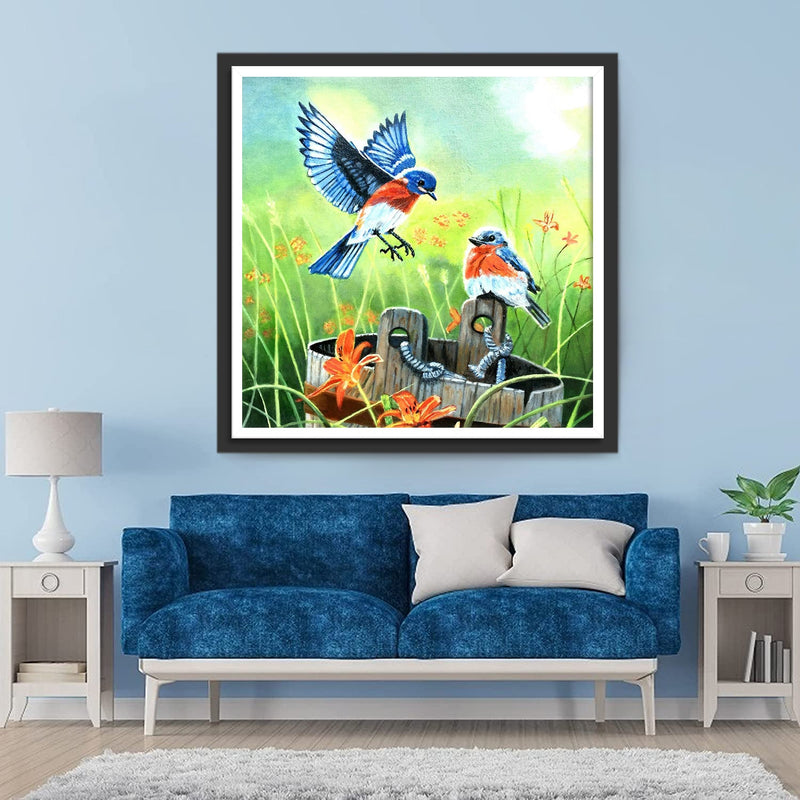 Deux Oiseau Bleus et Rouges Volant Broderie Diamant