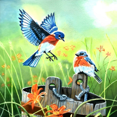 Deux Oiseau Bleus et Rouges Volant Broderie Diamant