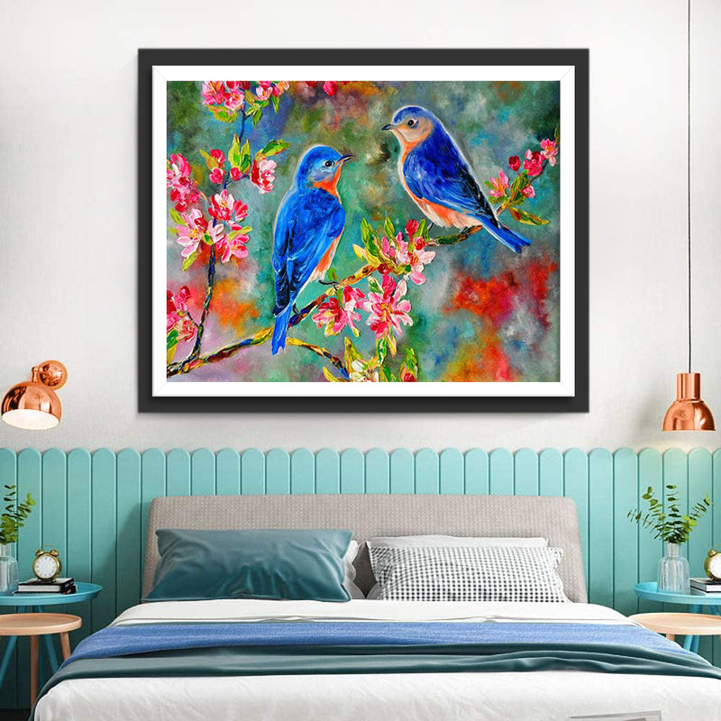 Deux Oiseaux Bleus sur la Branche Broderie Diamant