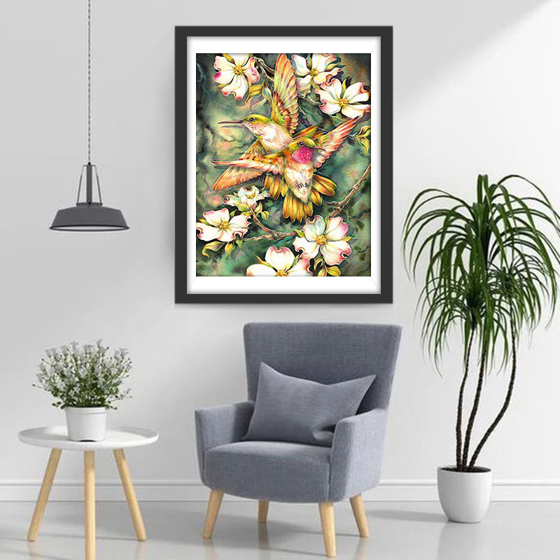 Deux Oiseaux et Belles Fleurs Broderie Diamant