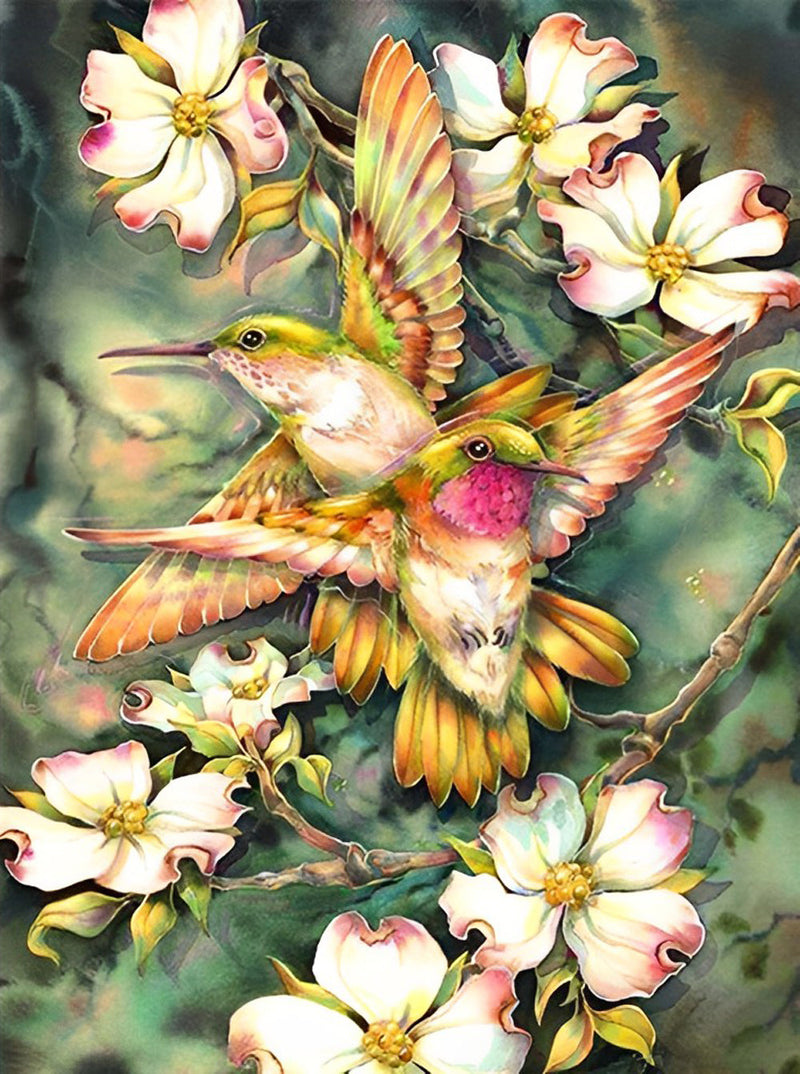 Deux Oiseaux et Belles Fleurs Broderie Diamant