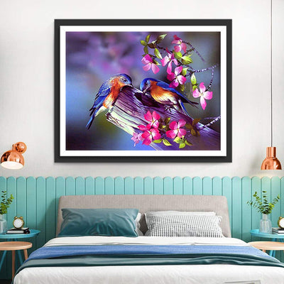 Deux Oiseaux et Petites Fleurs Roses Broderie Diamant