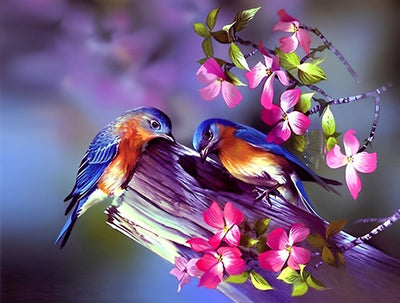 Deux Oiseaux et Petites Fleurs Roses Broderie Diamant