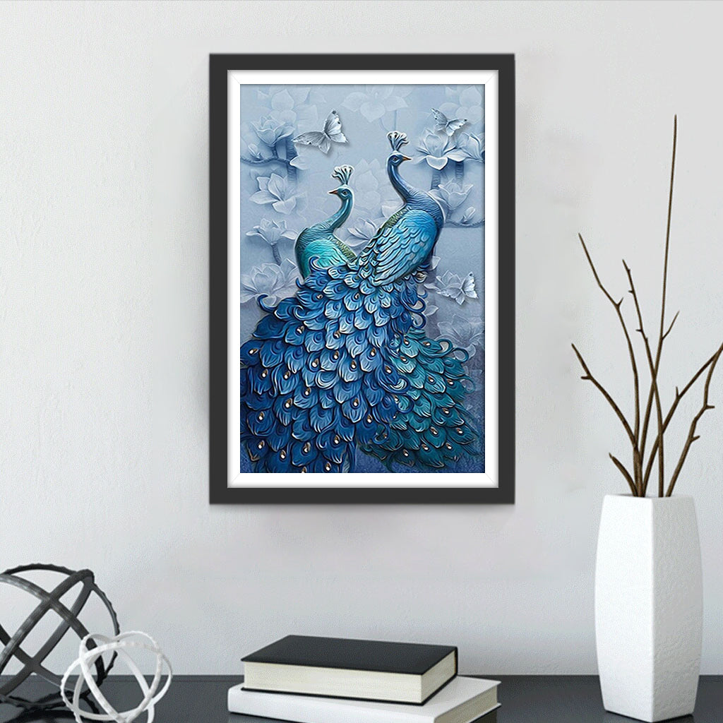 Deux Paons Bleus et les Belles Fleurs Broderie Diamant