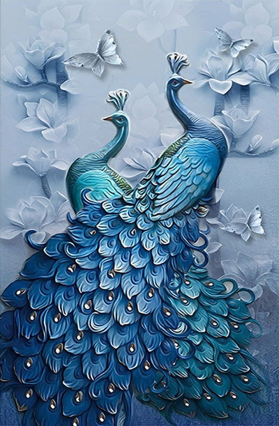 Deux Paons Bleus et les Belles Fleurs Broderie Diamant