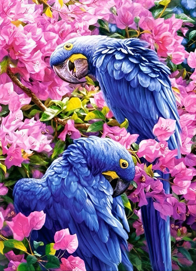 Deux Perroquets Bleus et Fleurs Roses Broderie Diamant