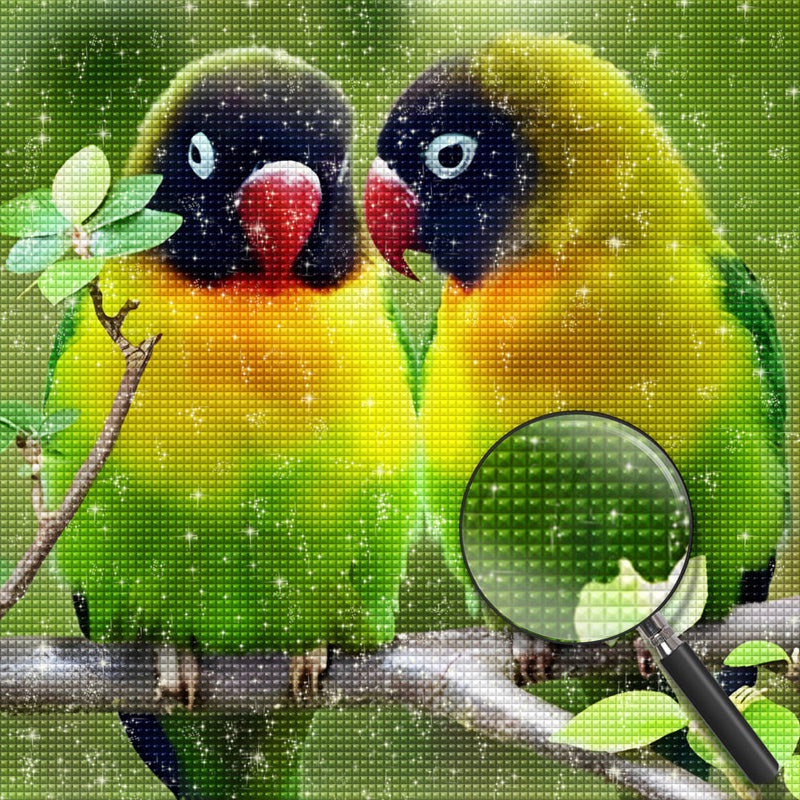 Deux Perroquets Verts et Jaunes Broderie Diamant