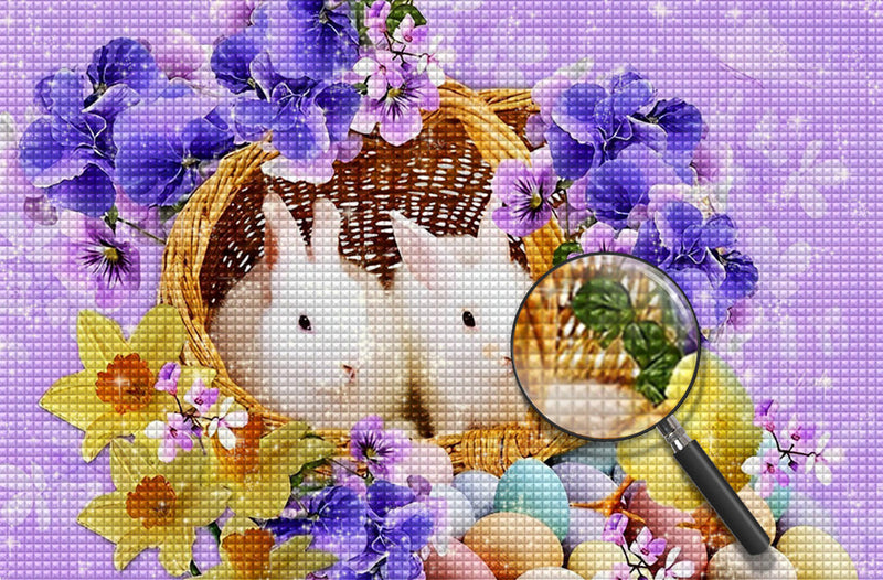 Deux Petits Lapins Blancs de Pâques Fête Broderie Diamant