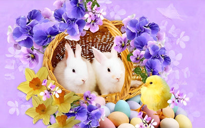 Deux Petits Lapins Blancs de Pâques Fête Broderie Diamant