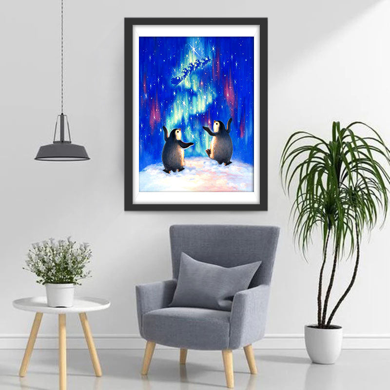 Deux Petits Manchots et l'Aurore Polaire Broderie Diamant