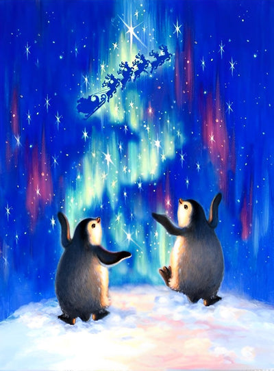 Deux Petits Manchots et l'Aurore Polaire Broderie Diamant