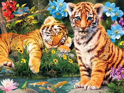 Deux Petits Tigres dans le Jardin Broderie Diamant