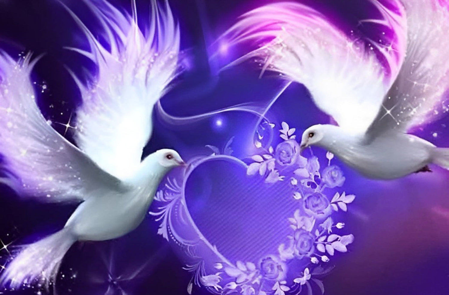 Deux Pigeons Blancs et Coeur des Fleurs Violettes Broderie Diamant
