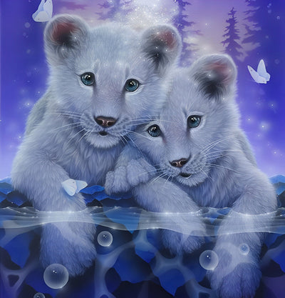 Duex Lionceaux Blancs dans l'Eau Broderie Diamant