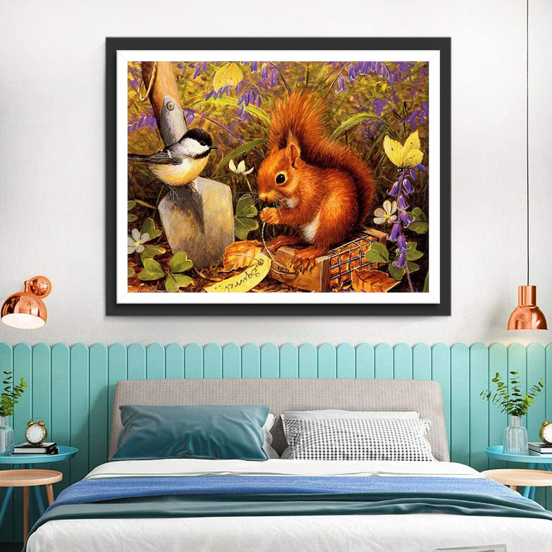 Écureuil et Mésange avec des Fleurs Broderie Diamant
