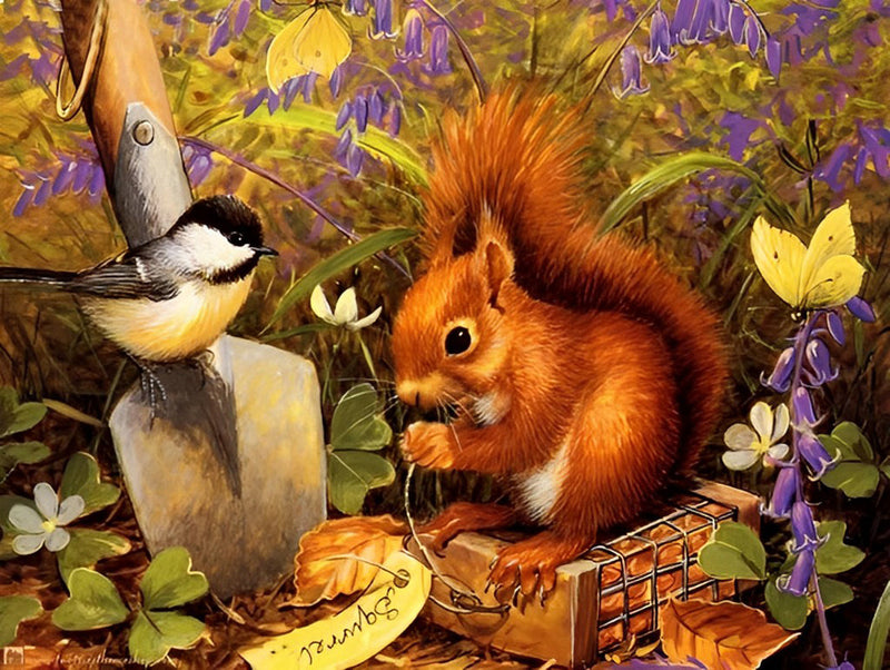 Écureuil et Mésange avec des Fleurs Broderie Diamant