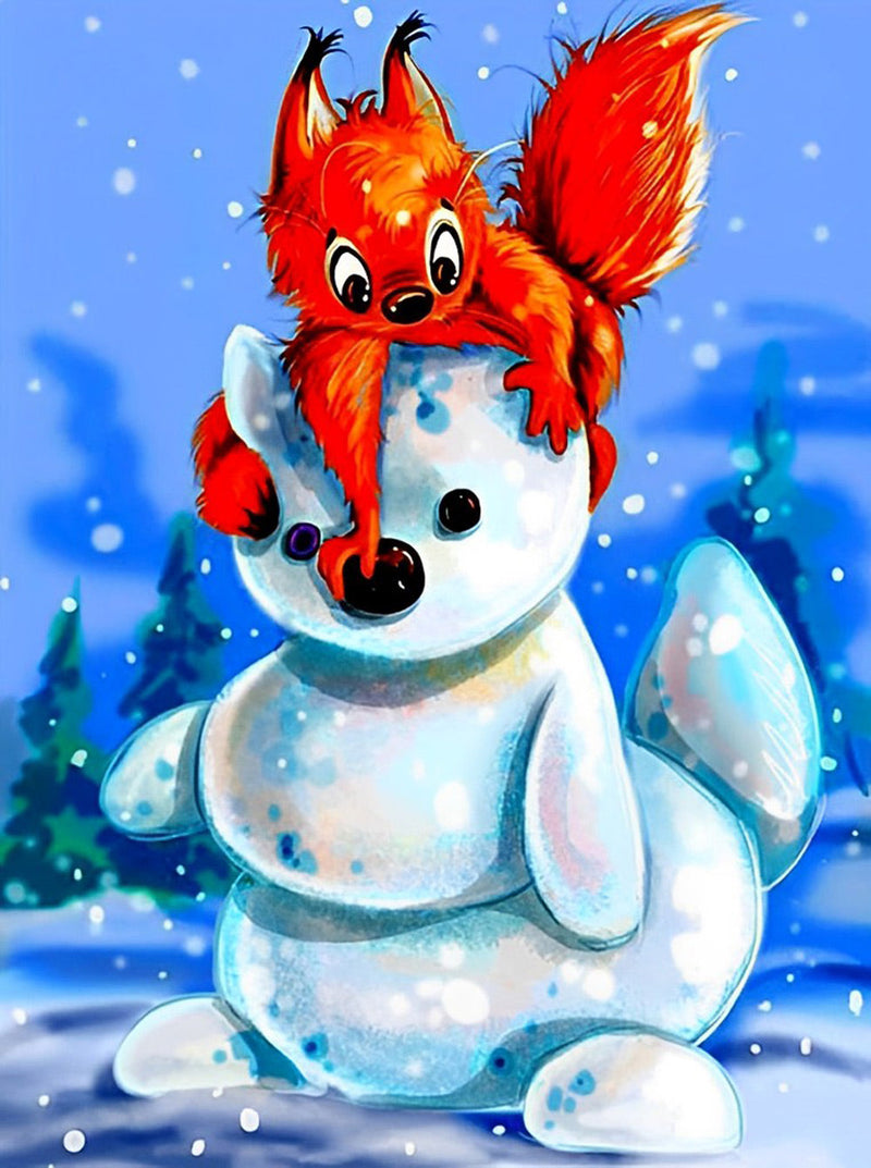 Écureuil Roux et Bonhomme de Neige Broderie Diamant