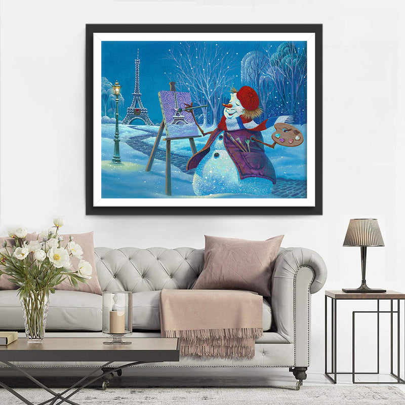 Eiffel et Bonhomme de Neige Peignant Broderie Diamant