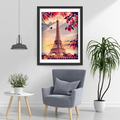 Eiffel et Feuilles Rouges Broderie Diamant