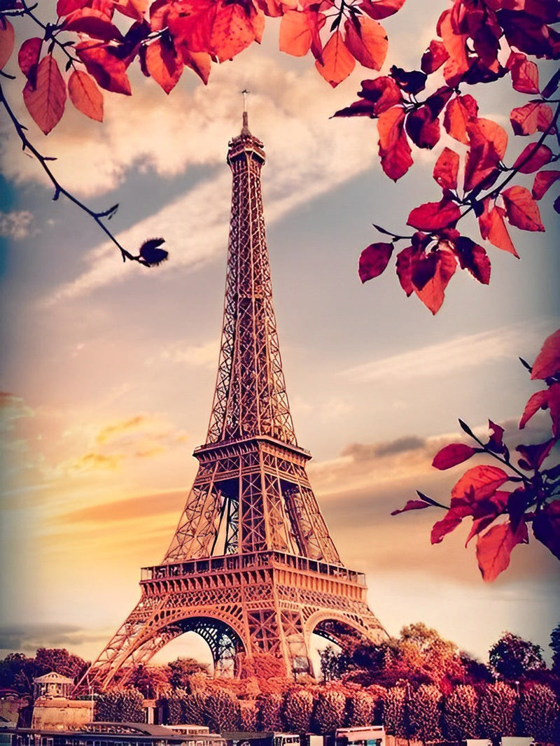Eiffel et Feuilles Rouges Broderie Diamant