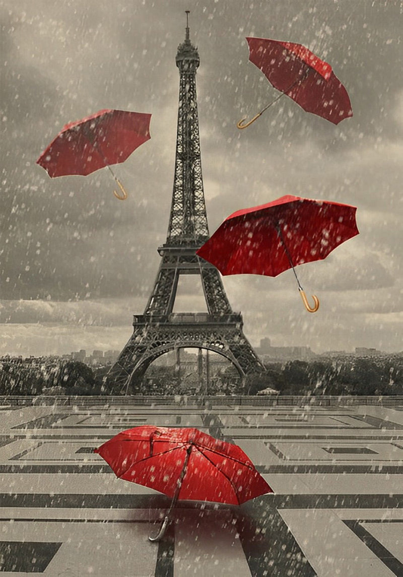Eiffel sous la Pluie avec un Parapluie Rouge Broderie Diamant