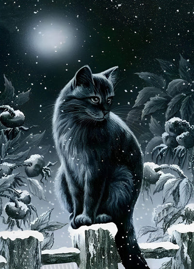 Élégant Chat Noir dans la Neige Broderie Diamant