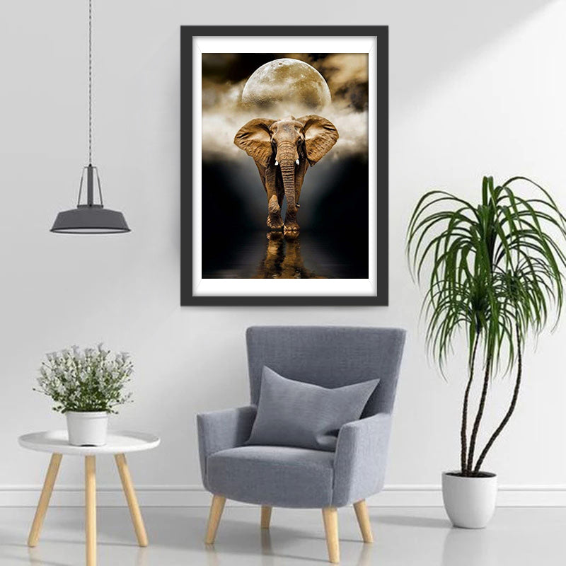 Éléphant Brun et la Lune Broderie Diamant