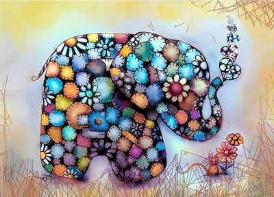 Éléphant des Fleurs et Coeur Broderie Diamant