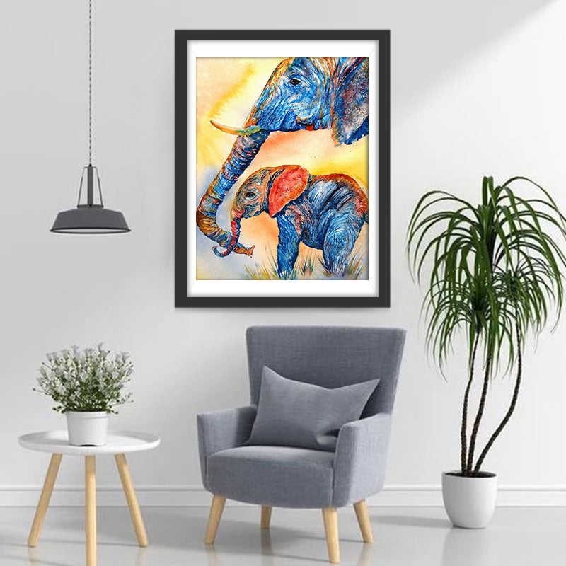 Éléphant et Bébés Éléphant Colorés Broderie Diamant