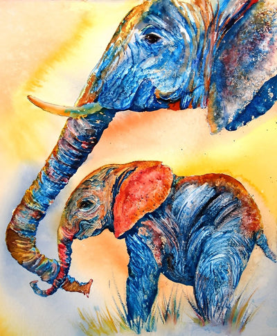 Éléphant et Bébés Éléphant Colorés Broderie Diamant