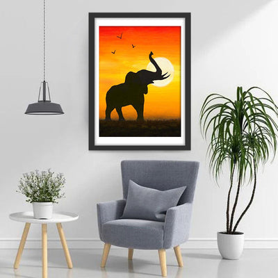 Éléphant et le Soleil Couchant avec le Ciel Rouge Broderie Diamant