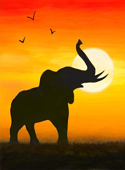 Éléphant et le Soleil Couchant avec le Ciel Rouge Broderie Diamant