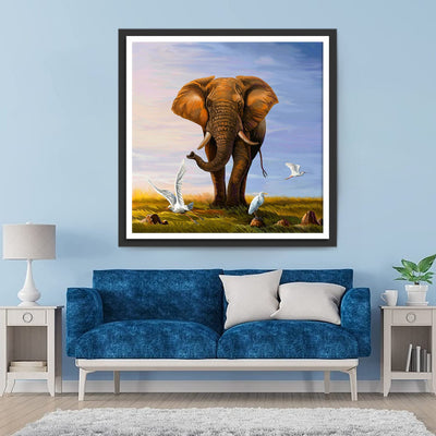 Éléphant et les Oiseaux Blancs Broderie Diamant