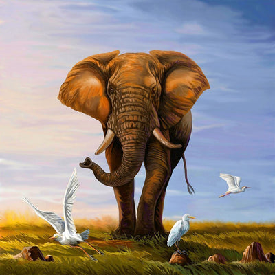 Éléphant et les Oiseaux Blancs Broderie Diamant