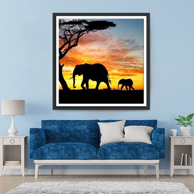 Éléphant et Son Bébé avec des Nuage Rouge Broderie Diamant