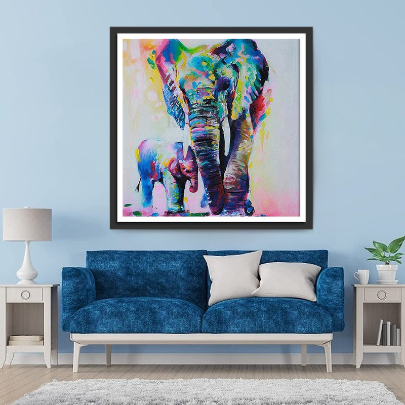 Éléphant et Son Bébé Colorés Broderie Diamant