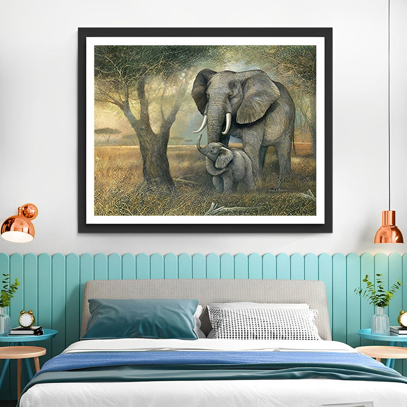 Éléphant et Son Bébé Éléphanteau Broderie Diamant