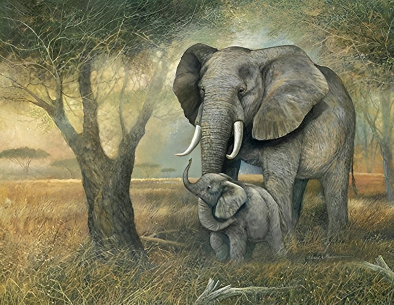 Éléphant et Son Bébé Éléphanteau Broderie Diamant