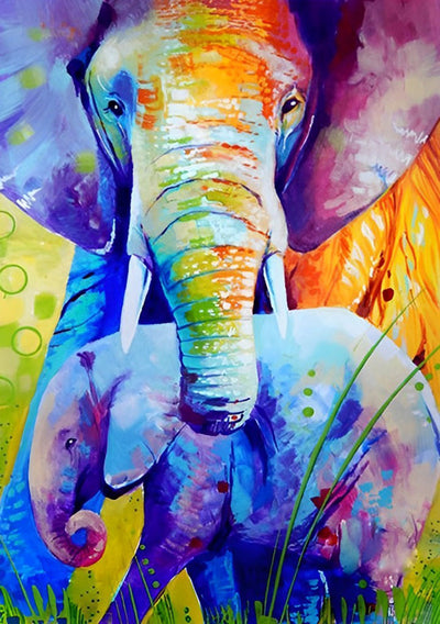 Éléphant Multicolore et Son Petit Éléphant Broderie Diamant