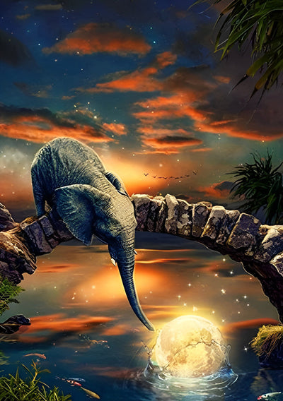 Éléphant Pêchant la Lune Broderie Diamant