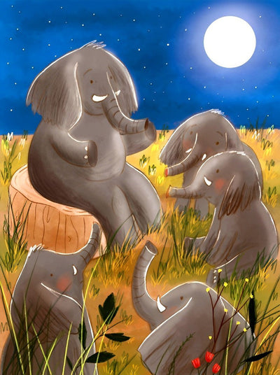 Éléphant Racontant l'Histoire aux Bébés Éléphants Broderie Diamant
