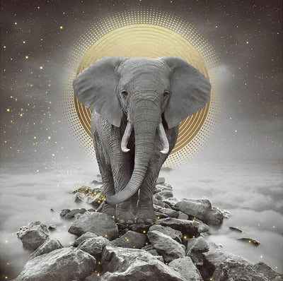 Éléphant Sur Nuages avec la Lune Dorée Broderie Diamant