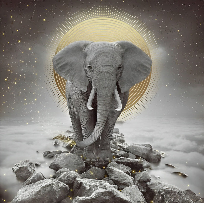 Éléphant Sur Nuages avec la Lune Dorée Broderie Diamant