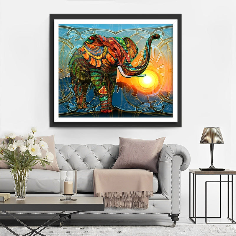 Éléphant Vert et Rouge Abstrait avec le Soleil Broderie Diamant