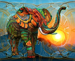 Éléphant Vert et Rouge Abstrait avec le Soleil Broderie Diamant
