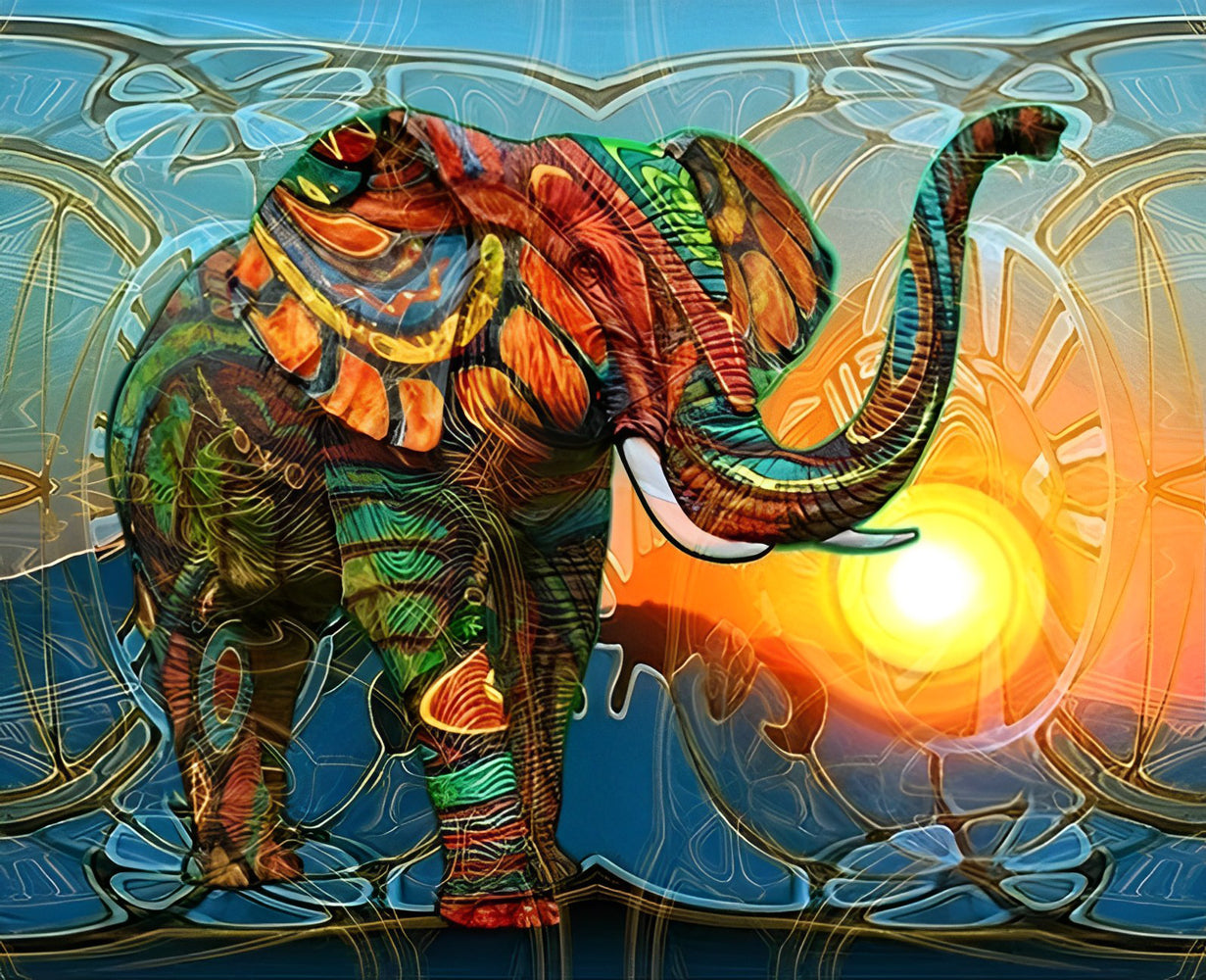 Éléphant Vert et Rouge Abstrait avec le Soleil Broderie Diamant