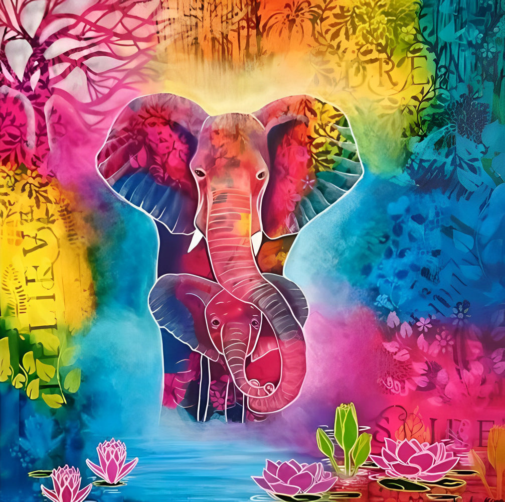 Éléphants Colorés et Lotus Broderie Diamant