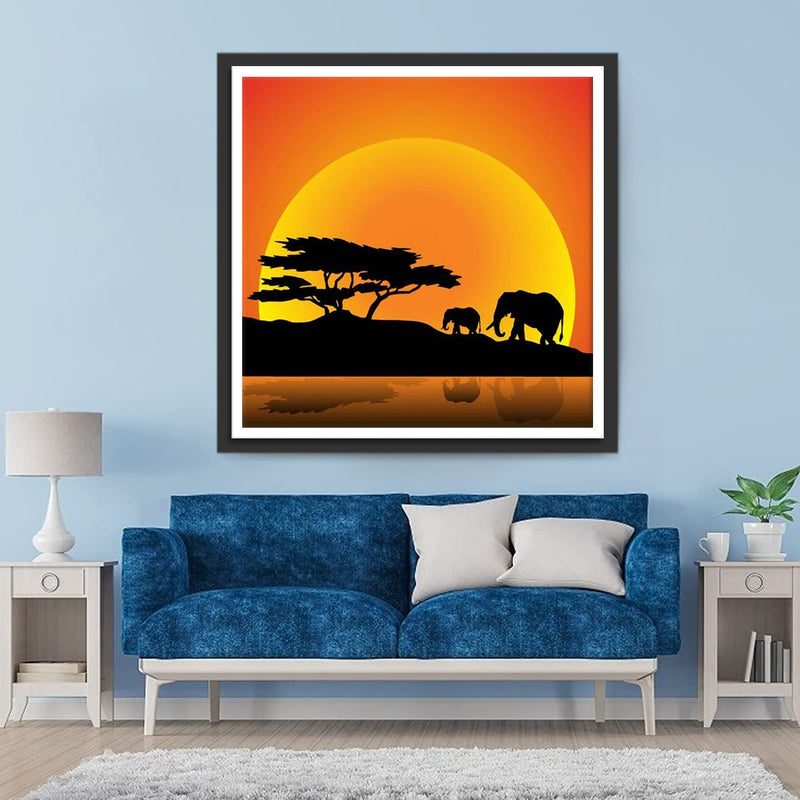 Éléphants et Soleil Couchant Broderie Diamant