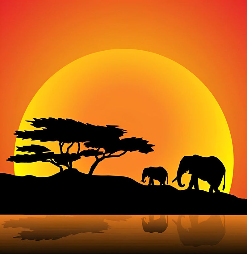 Éléphants et Soleil Couchant Broderie Diamant